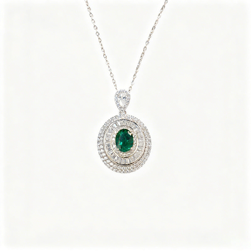 S925 Sterling Silver Emerald Oval Halo Necklace, Round Diamond Versatile - Photo 5