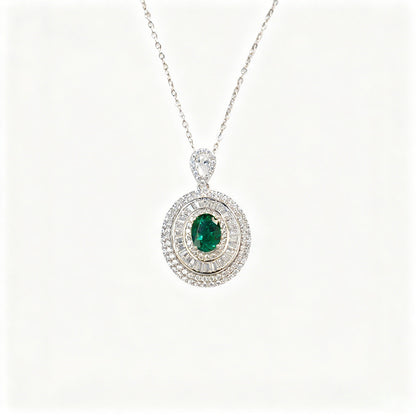S925 Sterling Silver Emerald Oval Halo Necklace, Round Diamond Versatile - Photo 5