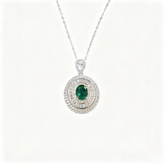 S925 Sterling Silver Emerald Oval Halo Necklace, Round Diamond Versatile - Photo 5