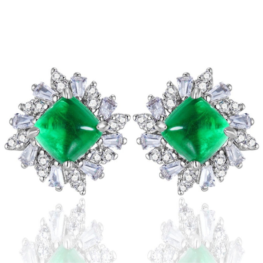 S925 Silver Sugarloaf Lab Emerald Stud Earrings, Sunflower Diamond Halo - Photo 5