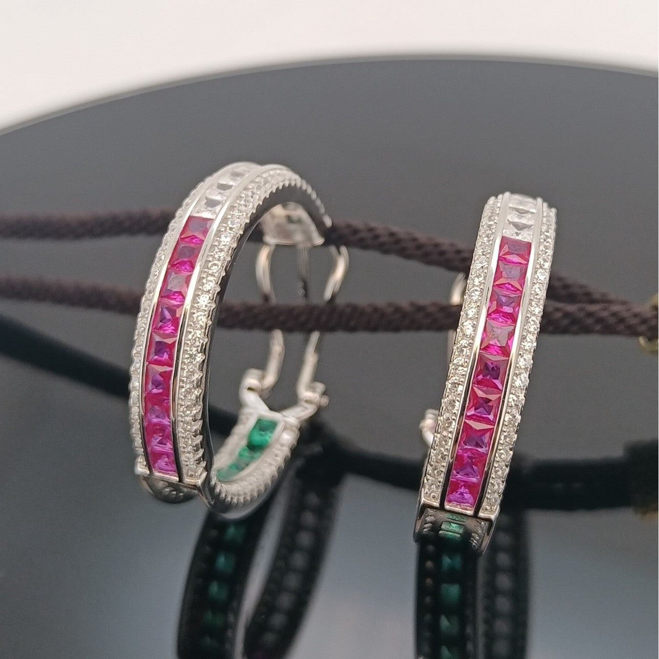 Lab Ruby 925 Silver Earrings Premium Micro-Set Full Diamond Ring Stacking - Photo 2