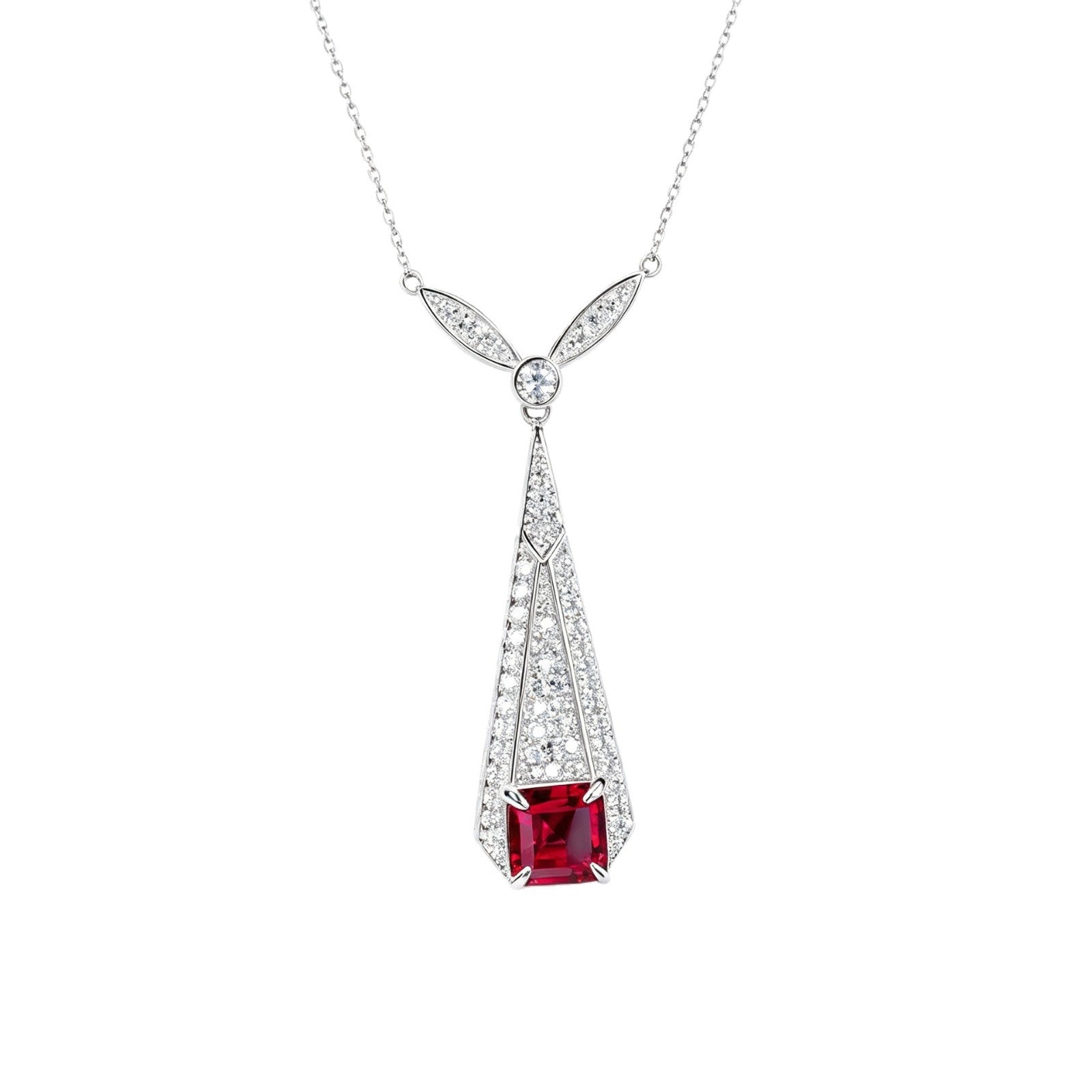 S925 Silver Vintage Square Lab Ruby Necklace, Full Diamond Geometric - Photo 5