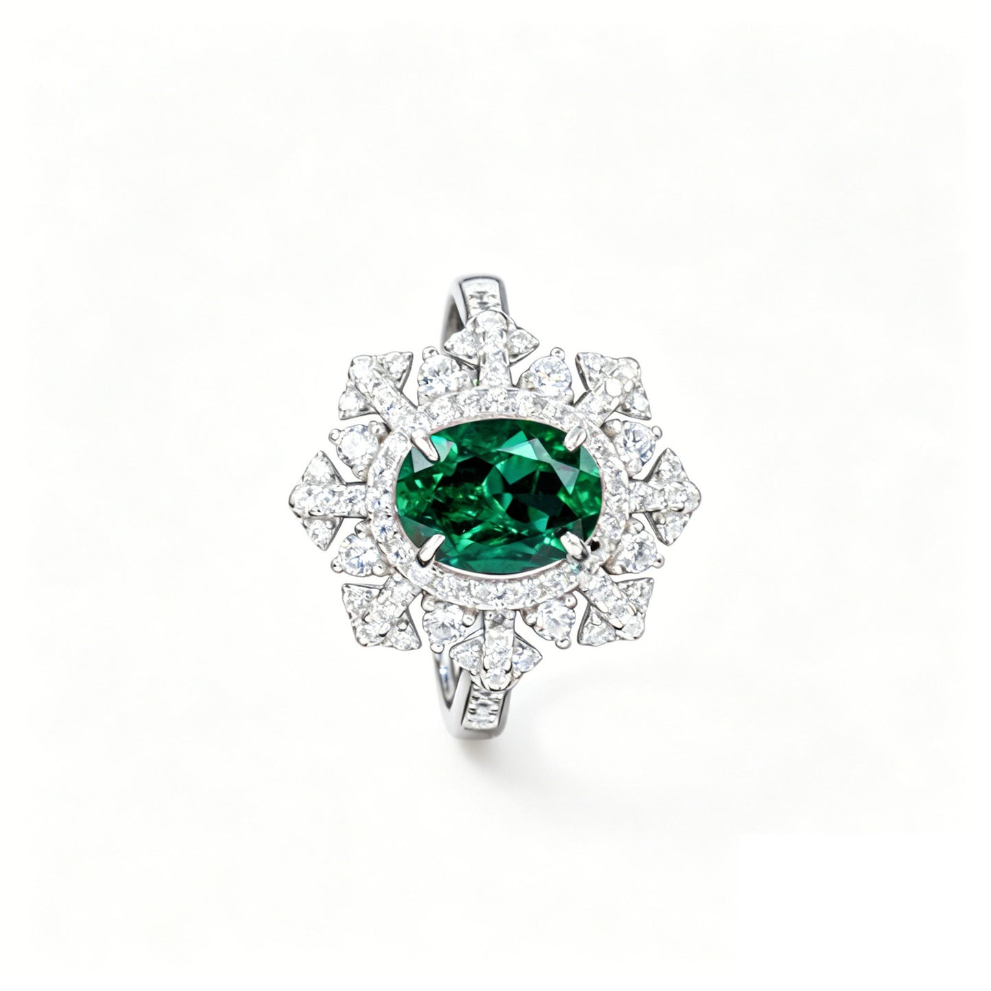 S925 Sterling Silver Lab Emerald Snowflake Halo Ring, Premium Gift for Women - Photo 5