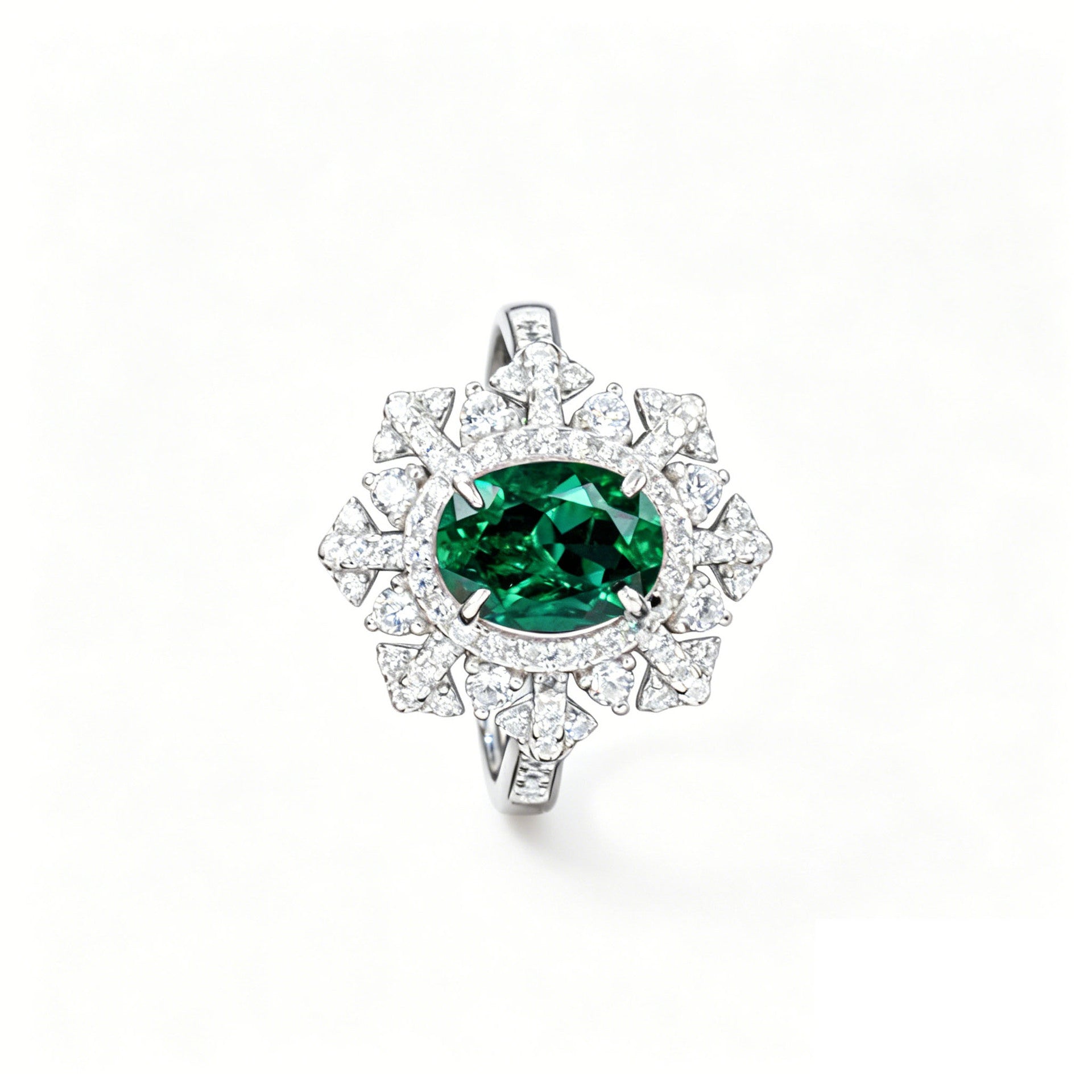 S925 Sterling Silver Lab Emerald Snowflake Halo Ring, Premium Gift for Women - Photo 5