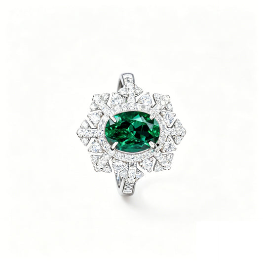 S925 Sterling Silver Lab Emerald Snowflake Halo Ring, Premium Gift for Women - Photo 5