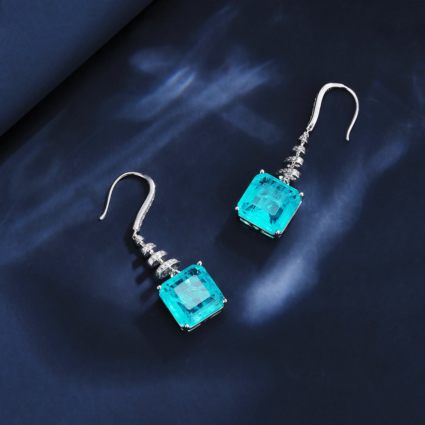 925 Silver Earrings Paraiba Square Rhinestone, Simple Premium - Photo 4