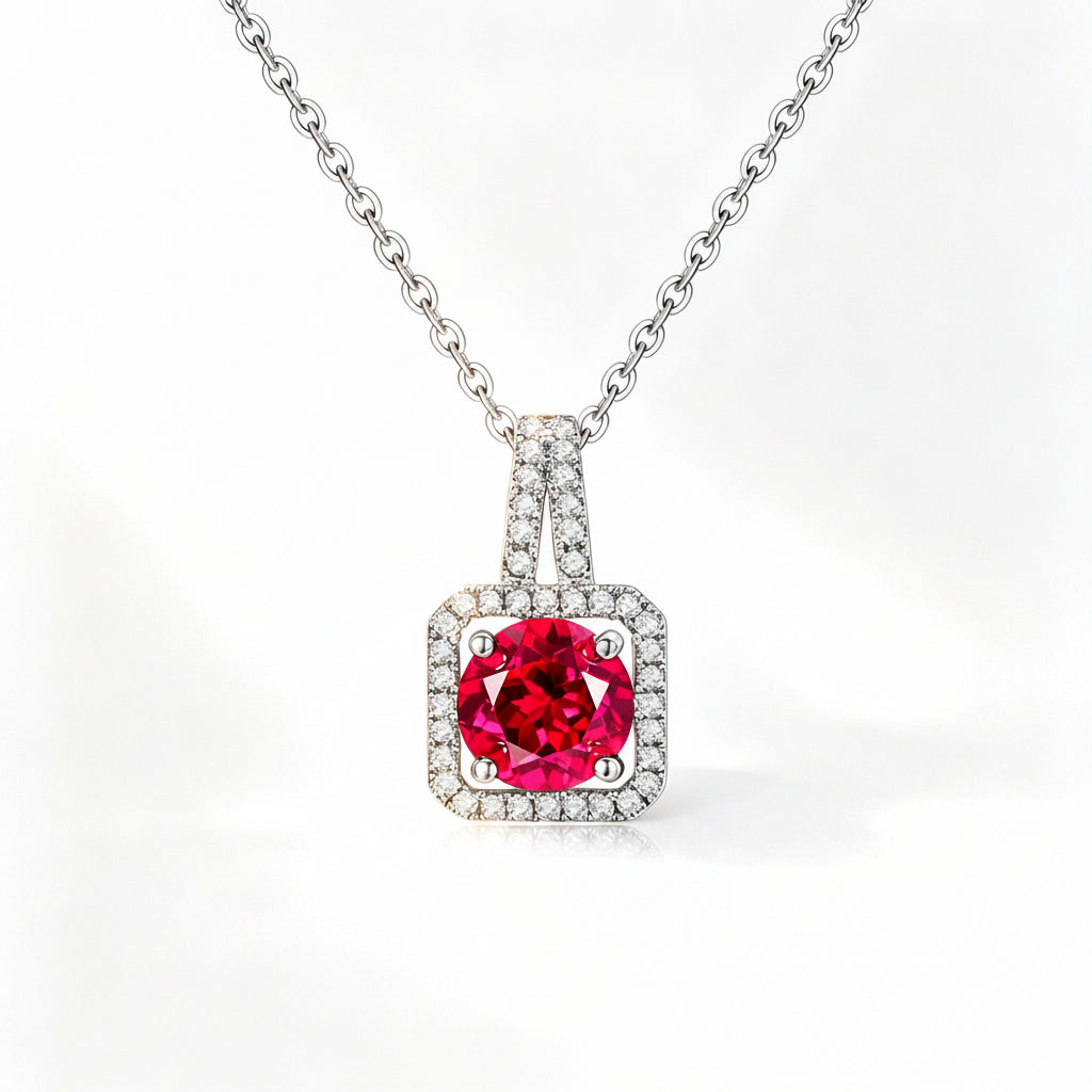 S925 Sterling Silver Square Lab Ruby Halo Pendant Necklace, Premium - Photo 1