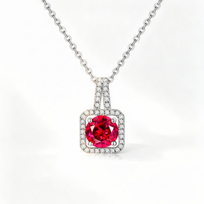 S925 Sterling Silver Square Lab Ruby Halo Pendant Necklace, Premium - Photo 1