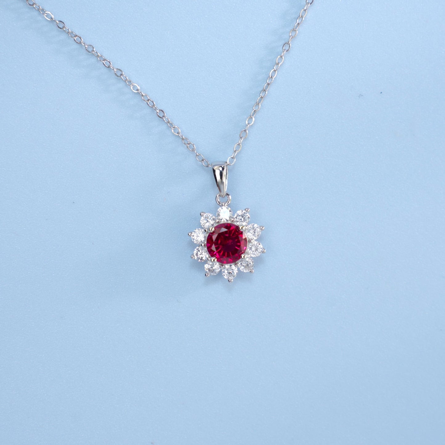 S925 Sterling Silver Lab Pigeon Blood Ruby Sunflower Halo Pendant Choker, Luxurious Premium - Photo 2