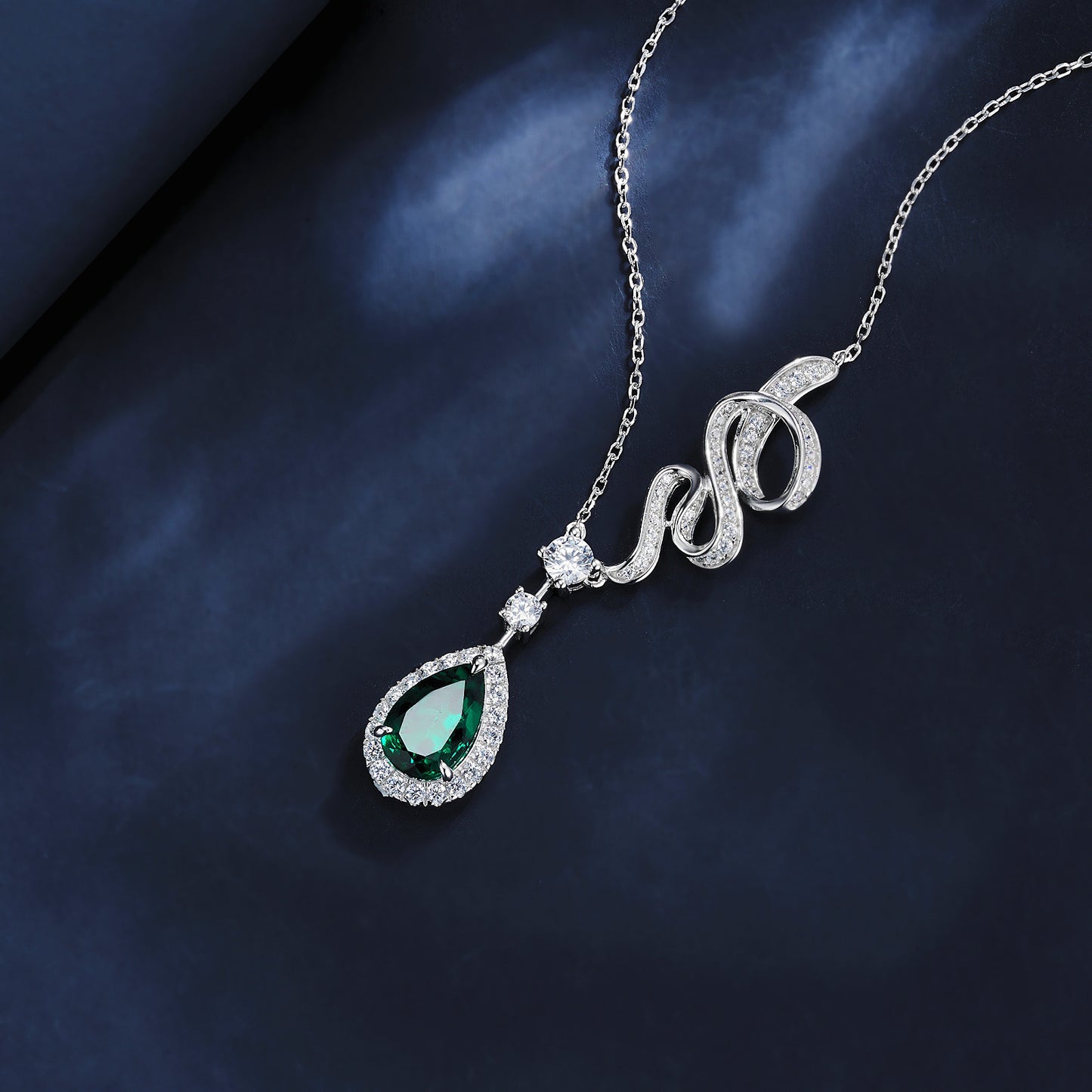 S925 Silver Snake Full Diamond Chain Teardrop Lab Emerald Halo Necklace, Premium Evening Jewellery - Photo 3