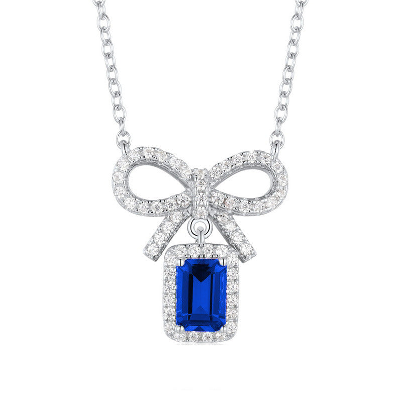 925 Sterling Silver Lab Sapphire Bowknot Pave Halo Necklace, Delicate O-Chain for Women - Photo 5