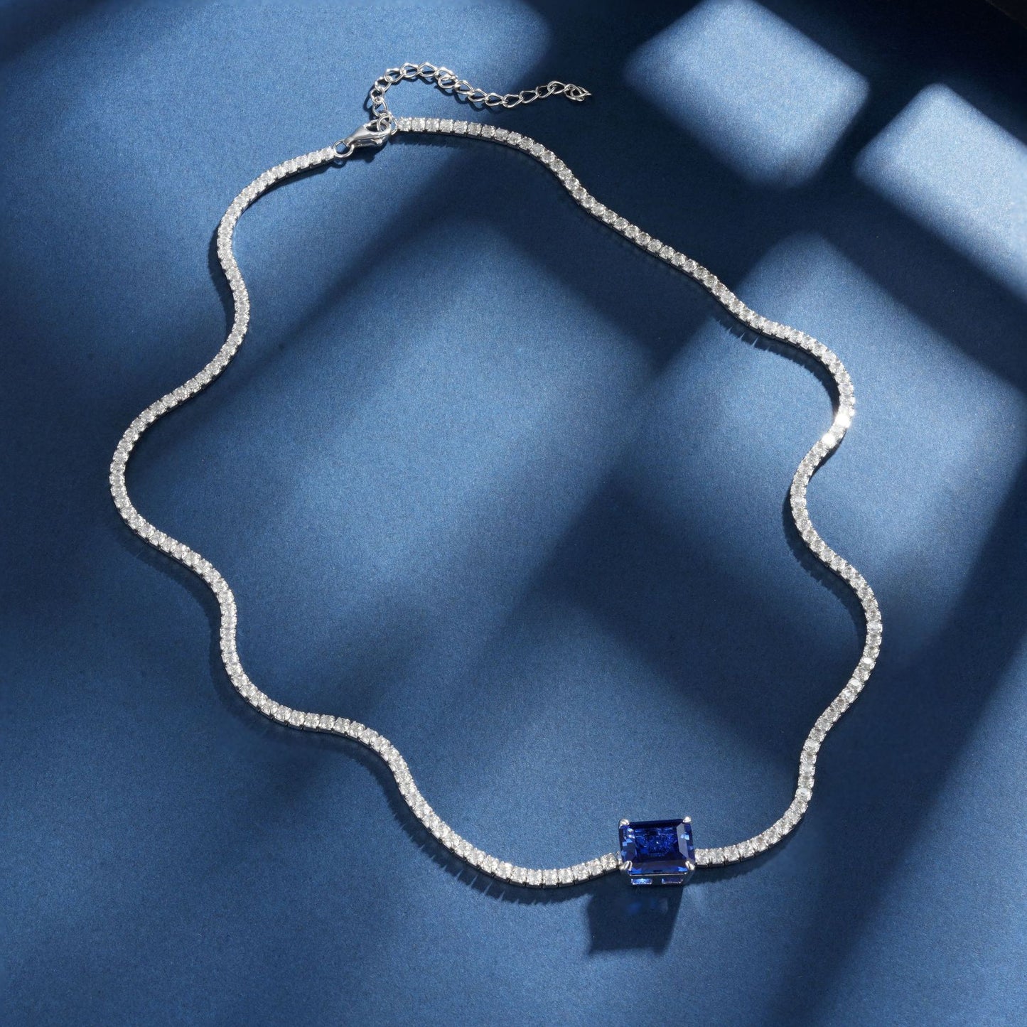 S925 Sterling Silver Lab Sapphire Necklace Rectangle Step-Cut Centre Full Diamond, Premium Valentine Gift - Photo 3