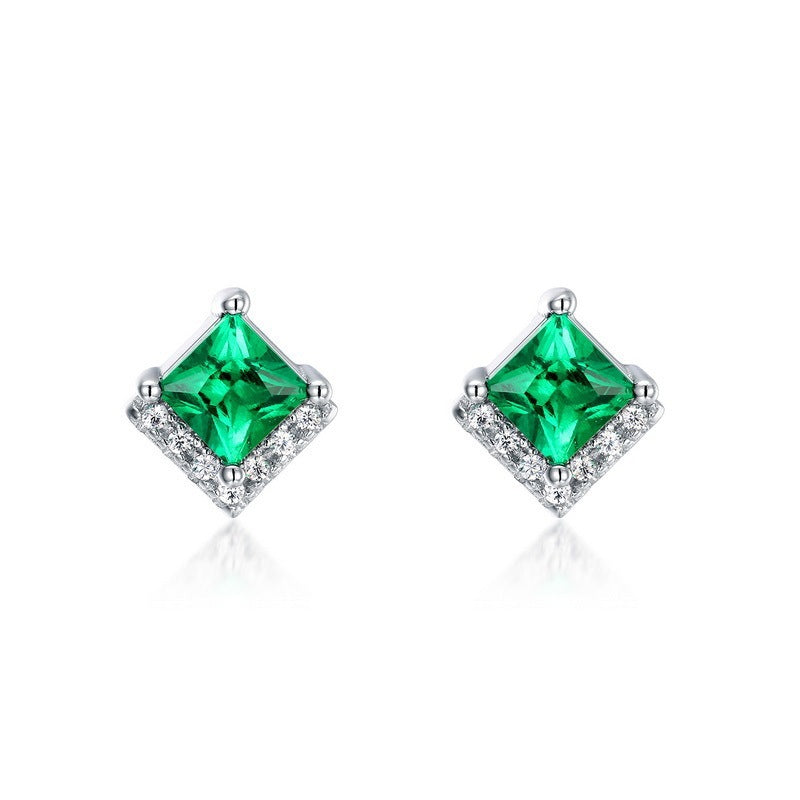 Lab Emerald S925 Silver Stud Earrings, Square Vintage Premium - Photo 4