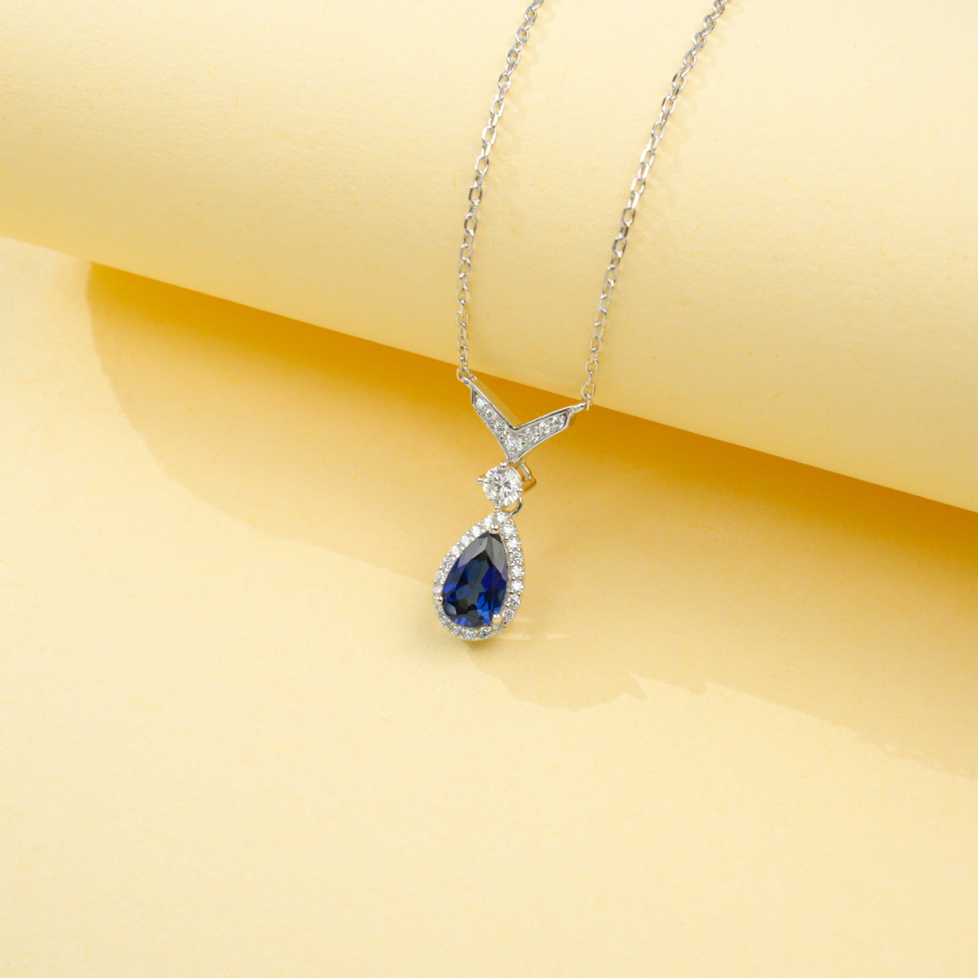 S925 Sterling Silver Lab Sapphire Teardrop Choker Necklace, Designer - Photo 4