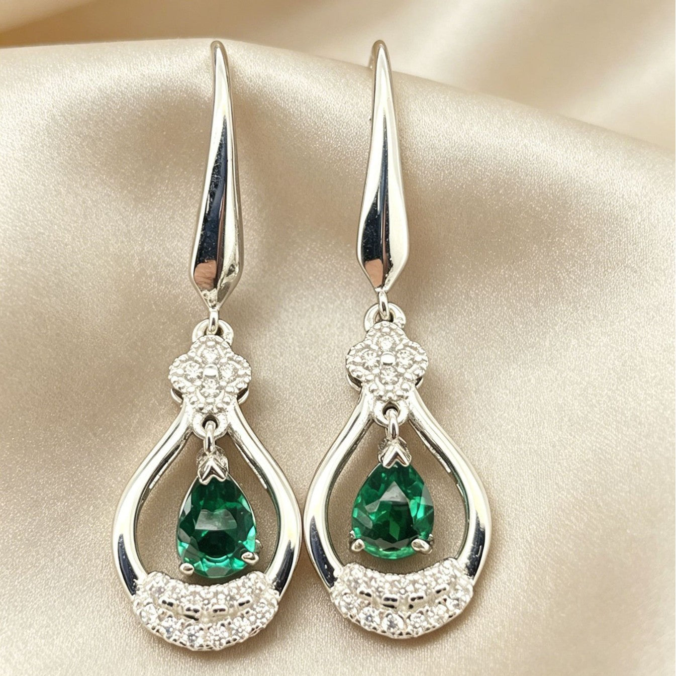 925 Sterling Silver Lab Emerald Earrings for Women, Zircon Drop Elegant - Photo 3