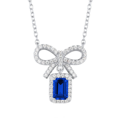 925 Sterling Silver Lab Sapphire Bowknot Pave Halo Necklace, Delicate O-Chain for Women - Photo 6