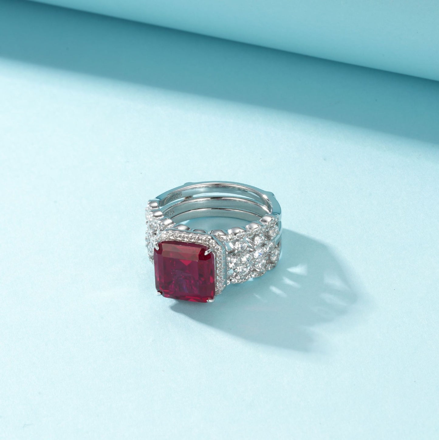 S925 Sterling Silver Square Ruby Ring Double-Layer Stacking, Design Versatile Premium - Photo 3