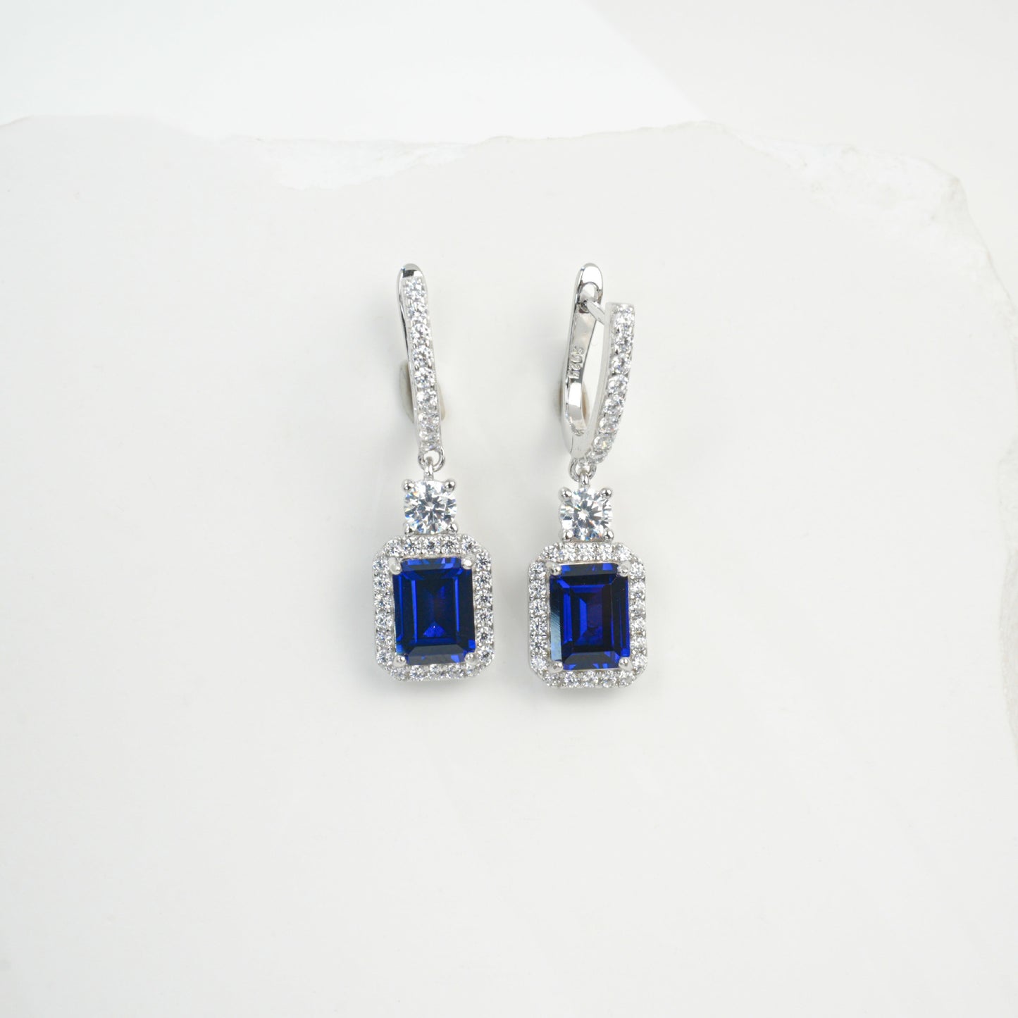 S925 Silver Lab Sapphire Drop Earrings, Diamond Halo Evening - Photo 2