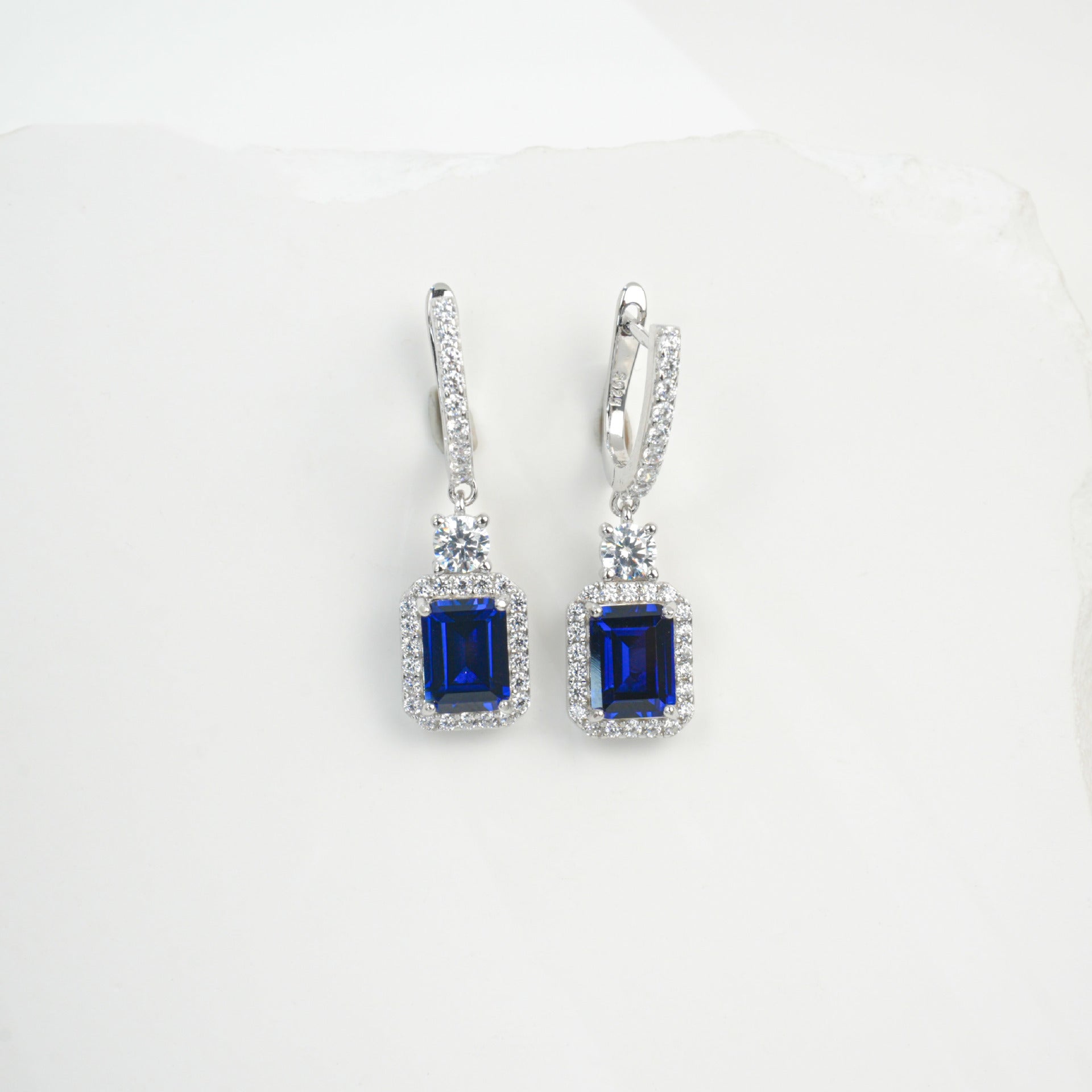 S925 Silver Lab Sapphire Drop Earrings, Diamond Halo Evening - Photo 2