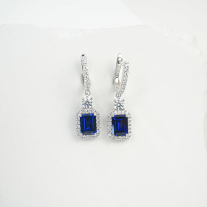 S925 Silver Lab Sapphire Drop Earrings, Diamond Halo Evening - Photo 2