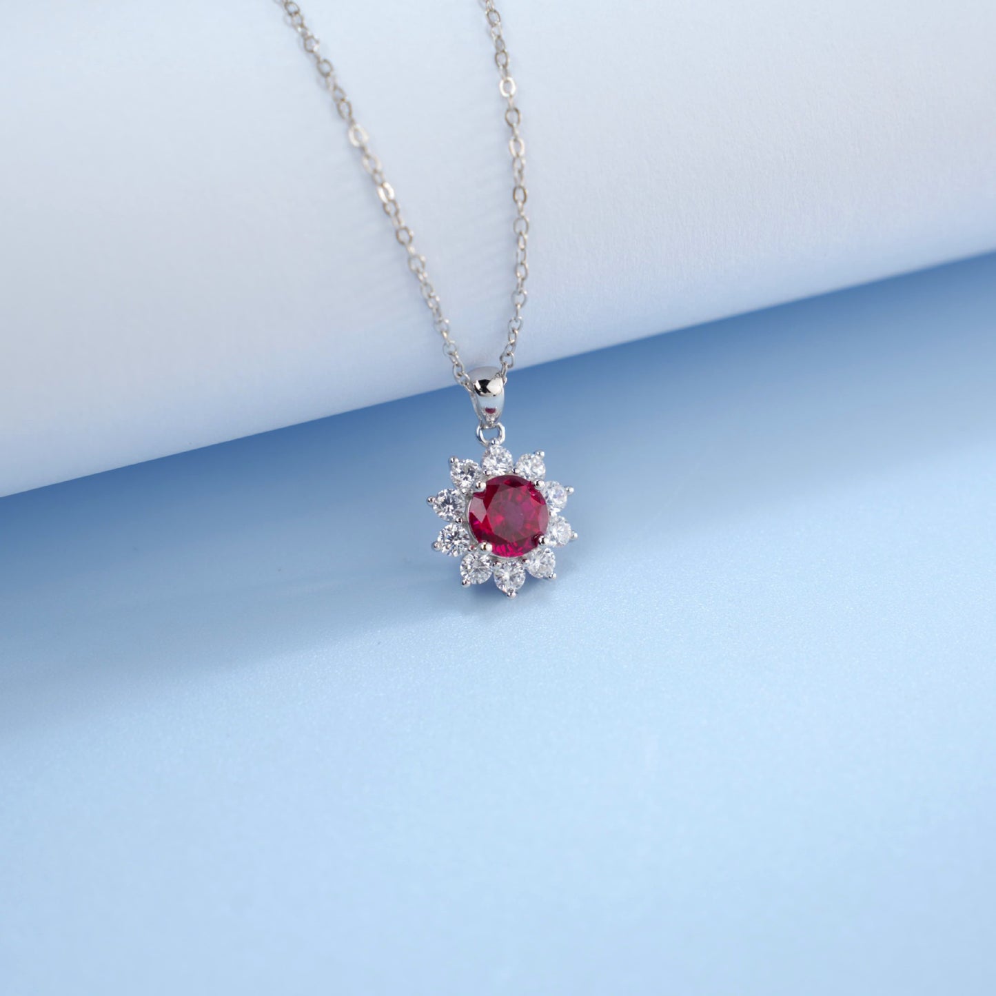 S925 Sterling Silver Lab Pigeon Blood Ruby Sunflower Halo Pendant Choker, Luxurious Premium - Photo 4