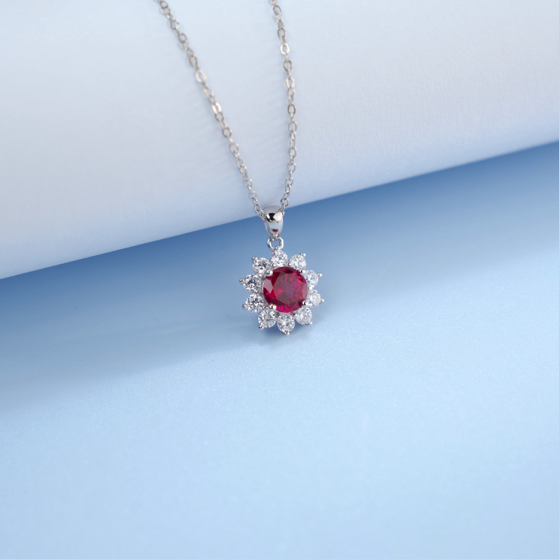 S925 Sterling Silver Lab Pigeon Blood Ruby Sunflower Halo Pendant Choker, Luxurious Premium - Photo 4