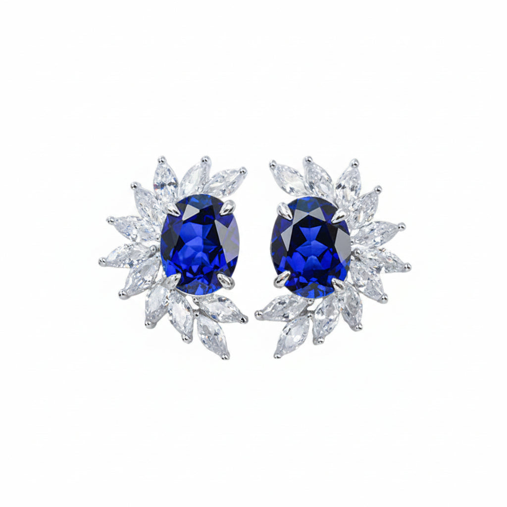 S925 Sterling Silver Lab Sapphire Stud Earrings, Versatile - Photo 1