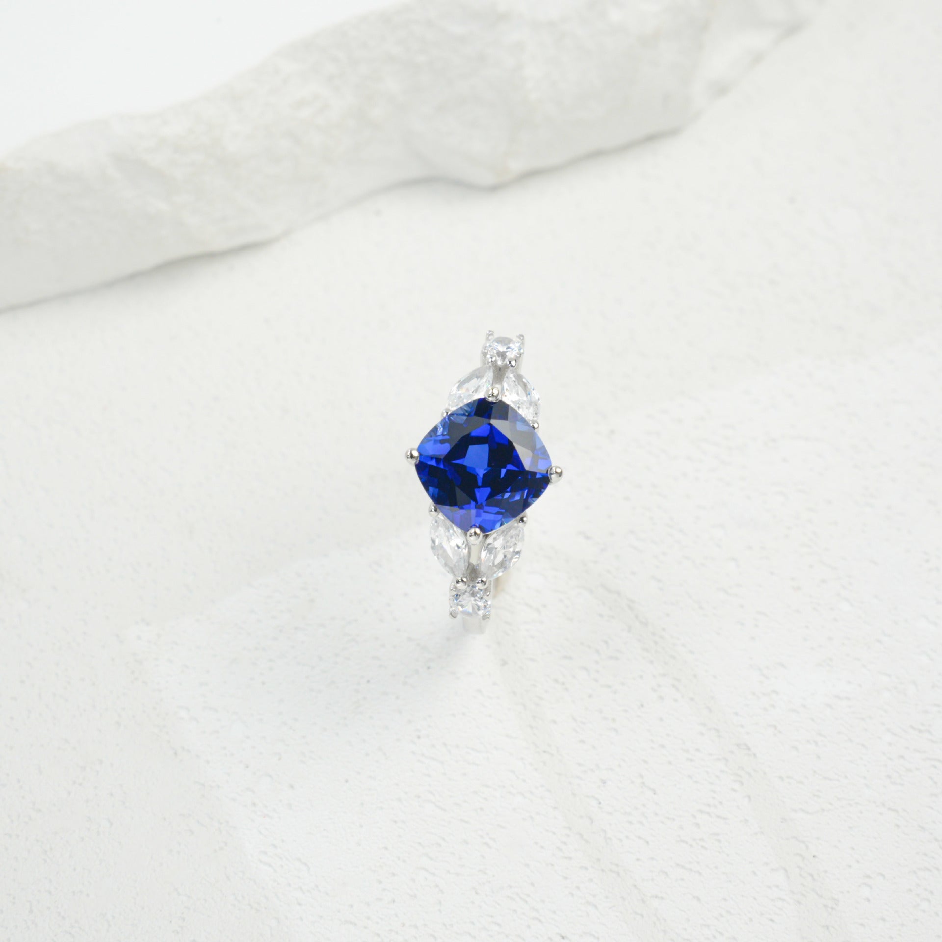 Bold Square Sapphire Sterling Silver Ring, Diamond Ring Proposal - Photo 4