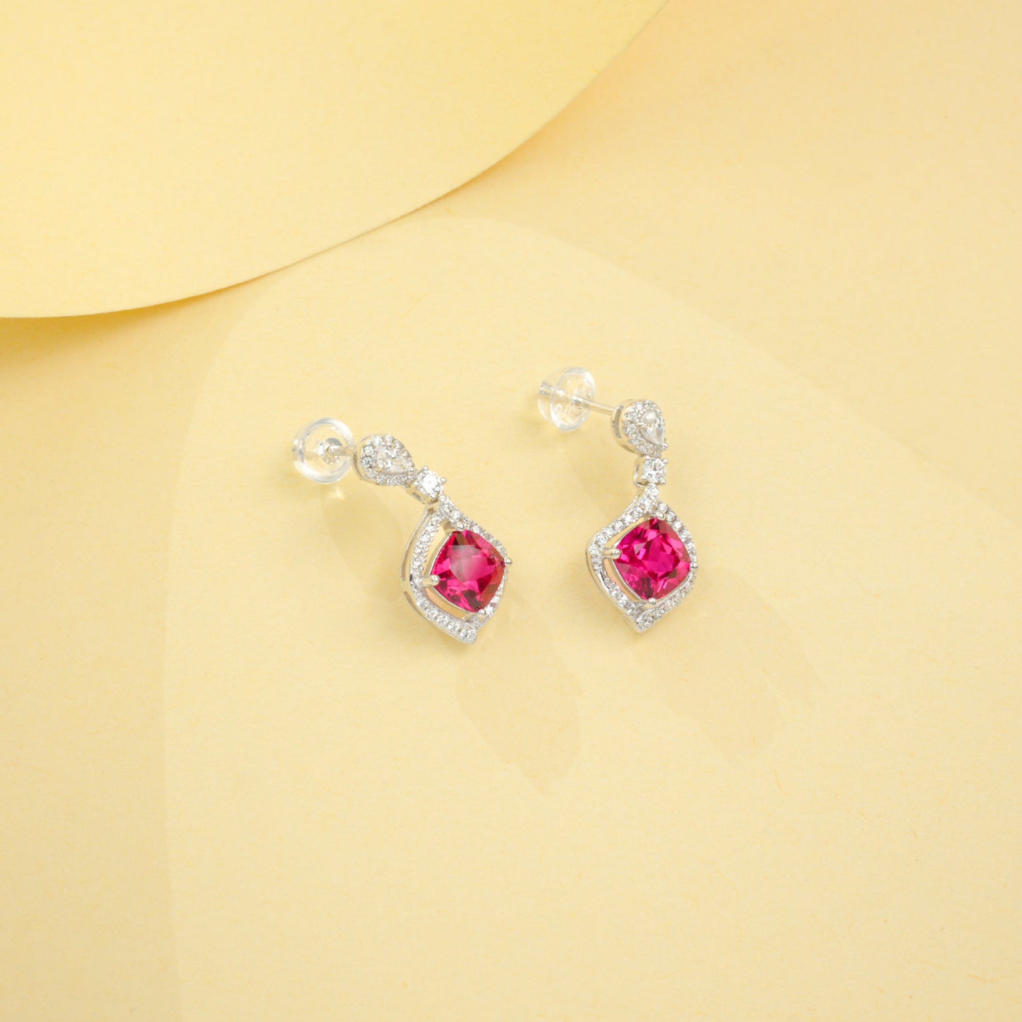 S925 Silver Cushion Lab Ruby Drop Earrings Diamond-Shaped Full Diamond Halo, Wedding Evening Gift - Photo 4