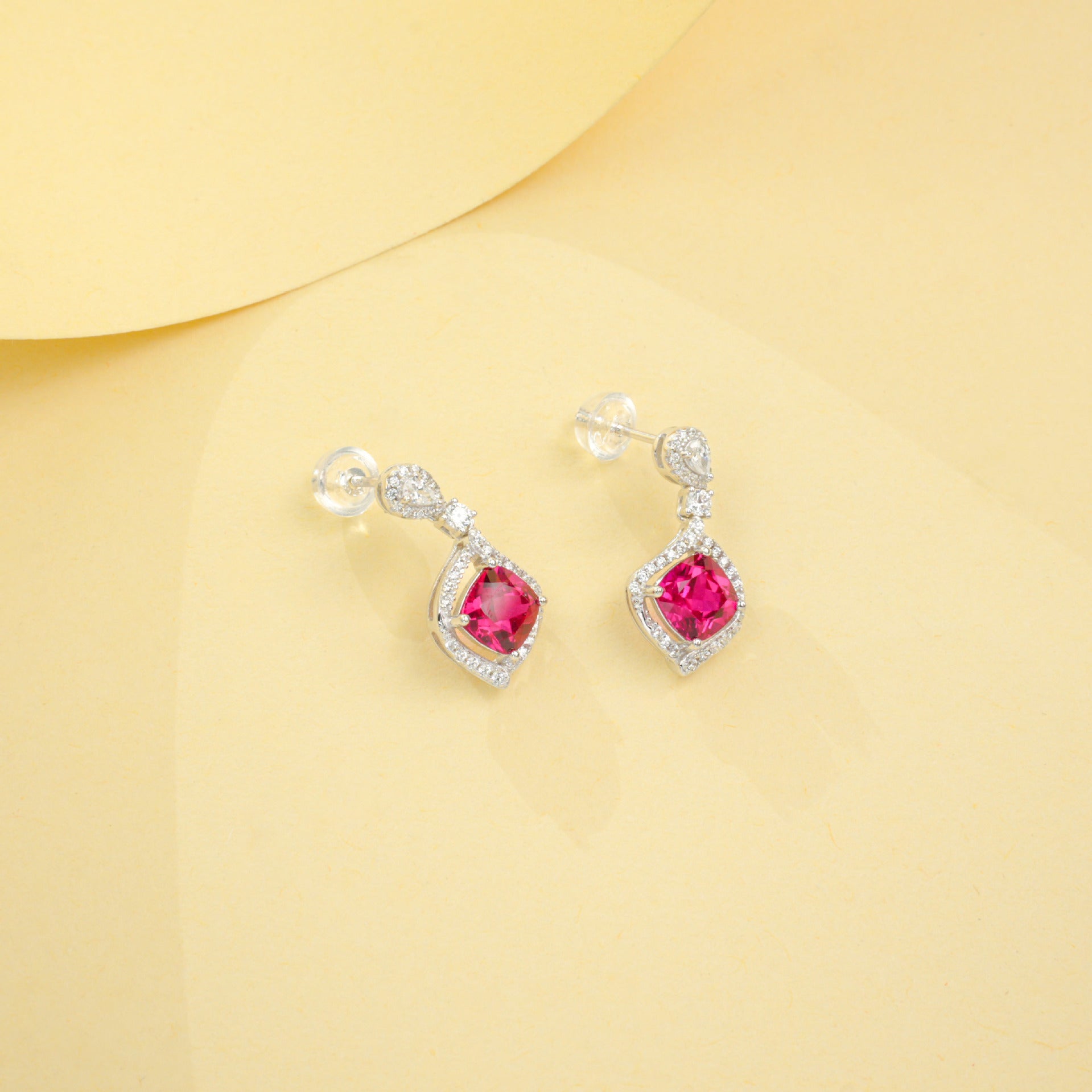 S925 Silver Cushion Lab Ruby Drop Earrings Diamond-Shaped Full Diamond Halo, Wedding Evening Gift - Photo 4