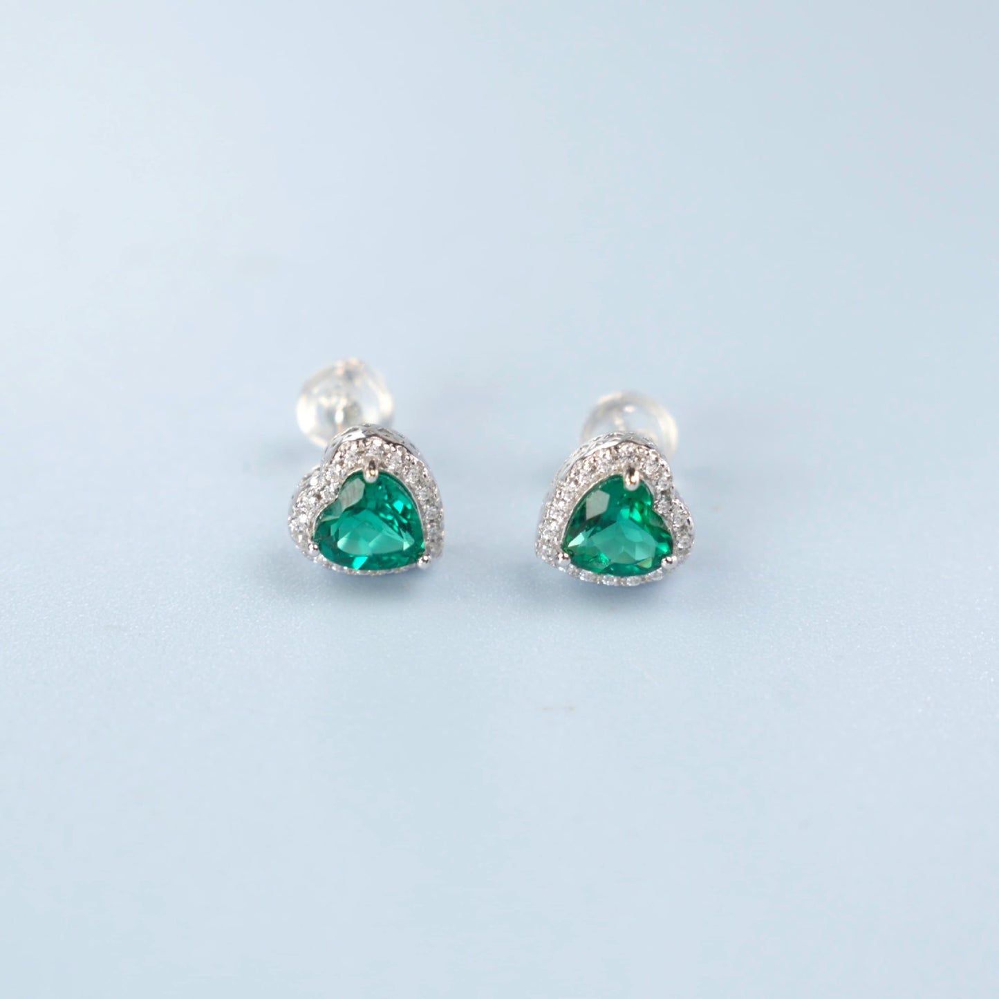 S925 Sterling Silver Lab Emerald Stud Earrings, Heart Diamond Vintage - Photo 4