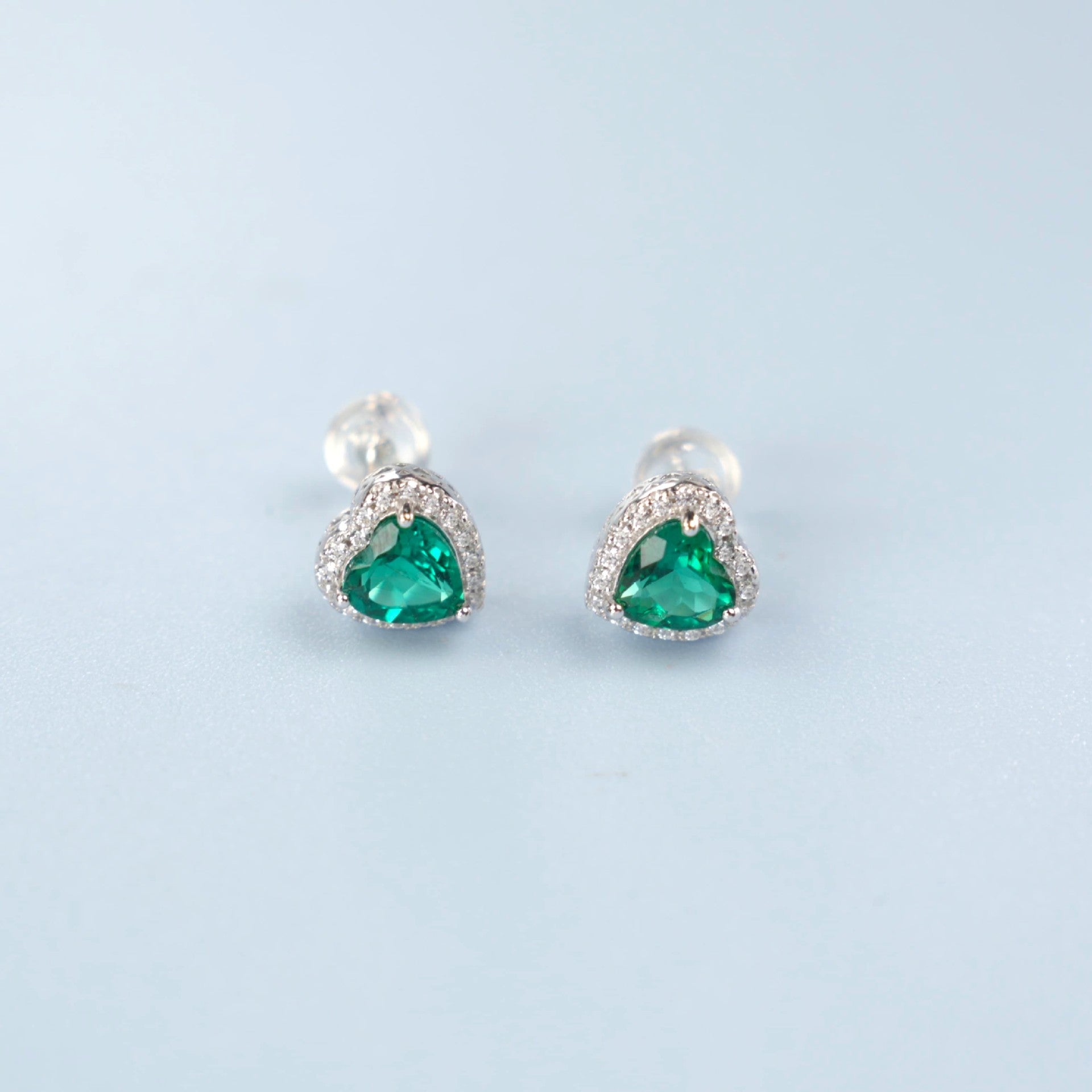 S925 Sterling Silver Lab Emerald Stud Earrings, Heart Diamond Vintage - Photo 4