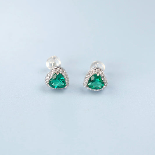 S925 Sterling Silver Lab Emerald Stud Earrings, Heart Diamond Vintage - Photo 4