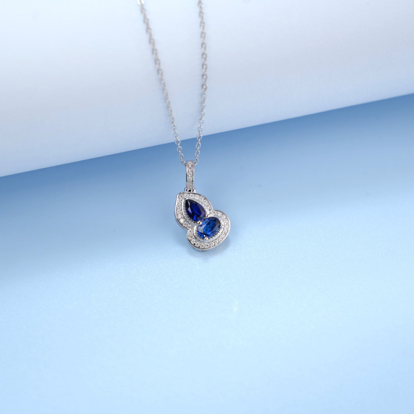 S925 Sterling Silver Lab Sapphire Gourd Halo Pendant Choker, Designer - Photo 4