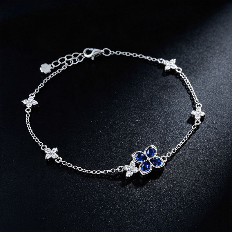 S925 Silver Four-Leaf Clover Royal Blue Sapphire Bracelet, Full Diamond Flower - Photo 4