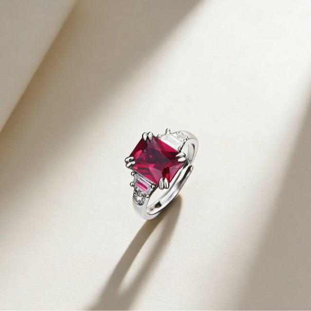 S925 Sterling Silver Lab Pigeon Blood Ruby Emerald-Cut Ring, Premium for Women - Photo 4