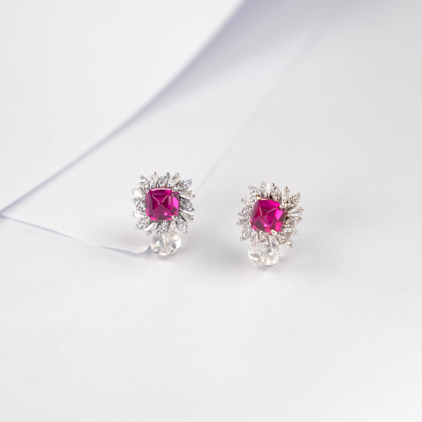 S925 Silver Sugarloaf-Cut Lab Pink Sapphire Stud Earrings, Sunflower Full Diamond - Photo 3