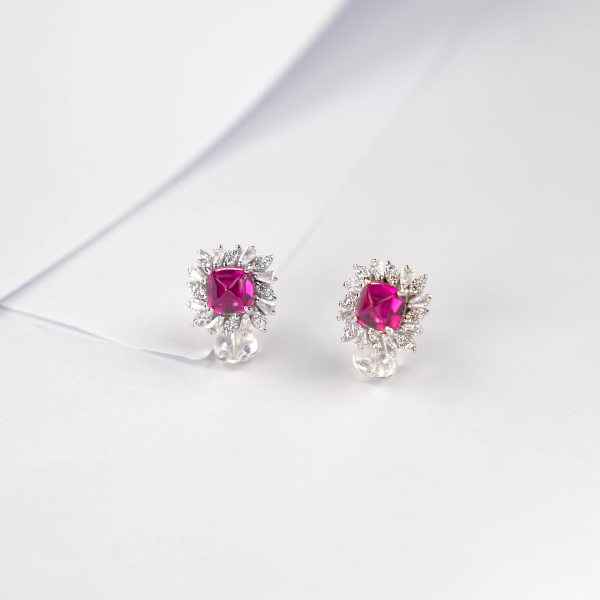 S925 Silver Sugarloaf-Cut Lab Pink Sapphire Stud Earrings, Sunflower Full Diamond - Photo 3