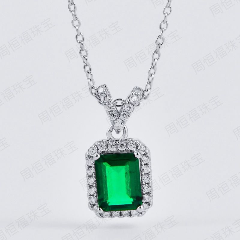 S925 Sterling Silver Classic Square Halo Emerald Necklace, Versatile Vintage Simple - Photo 3