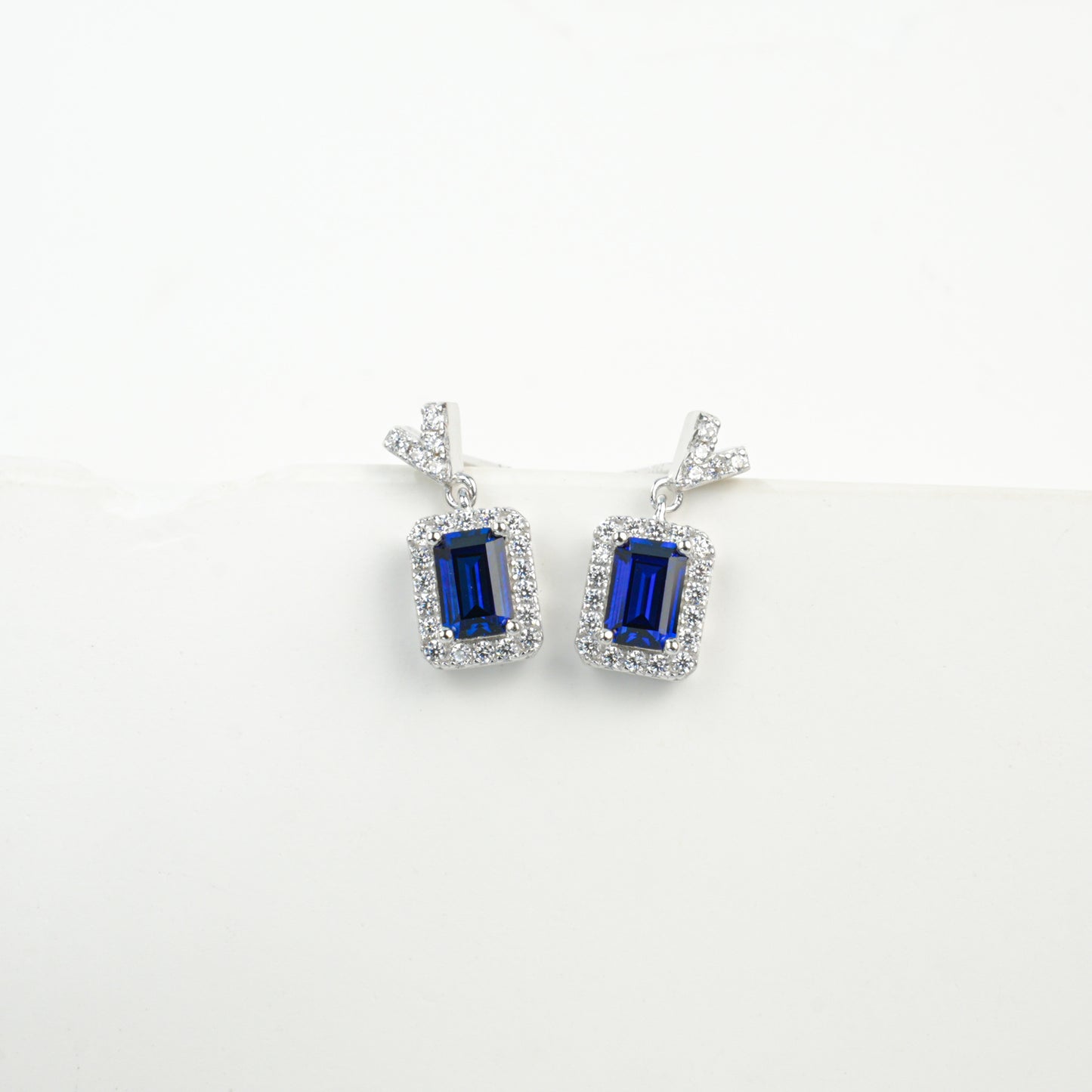 925 Sterling Silver Lab Sapphire Geometric Earrings & Necklace, Vintage Minimalist - Photo 5