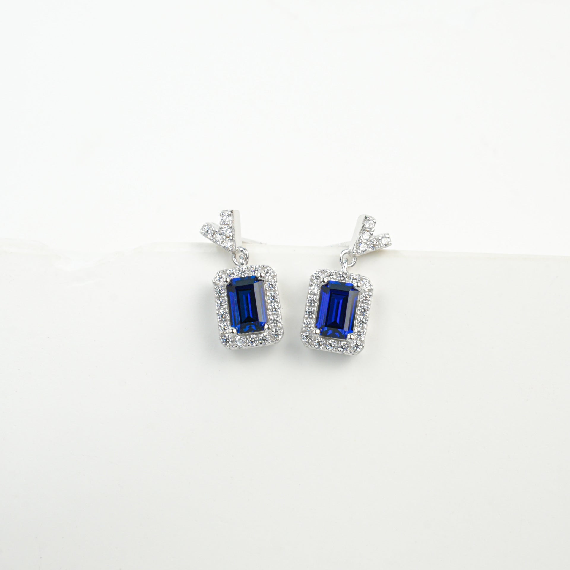 925 Sterling Silver Lab Sapphire Geometric Earrings & Necklace, Vintage Minimalist - Photo 5