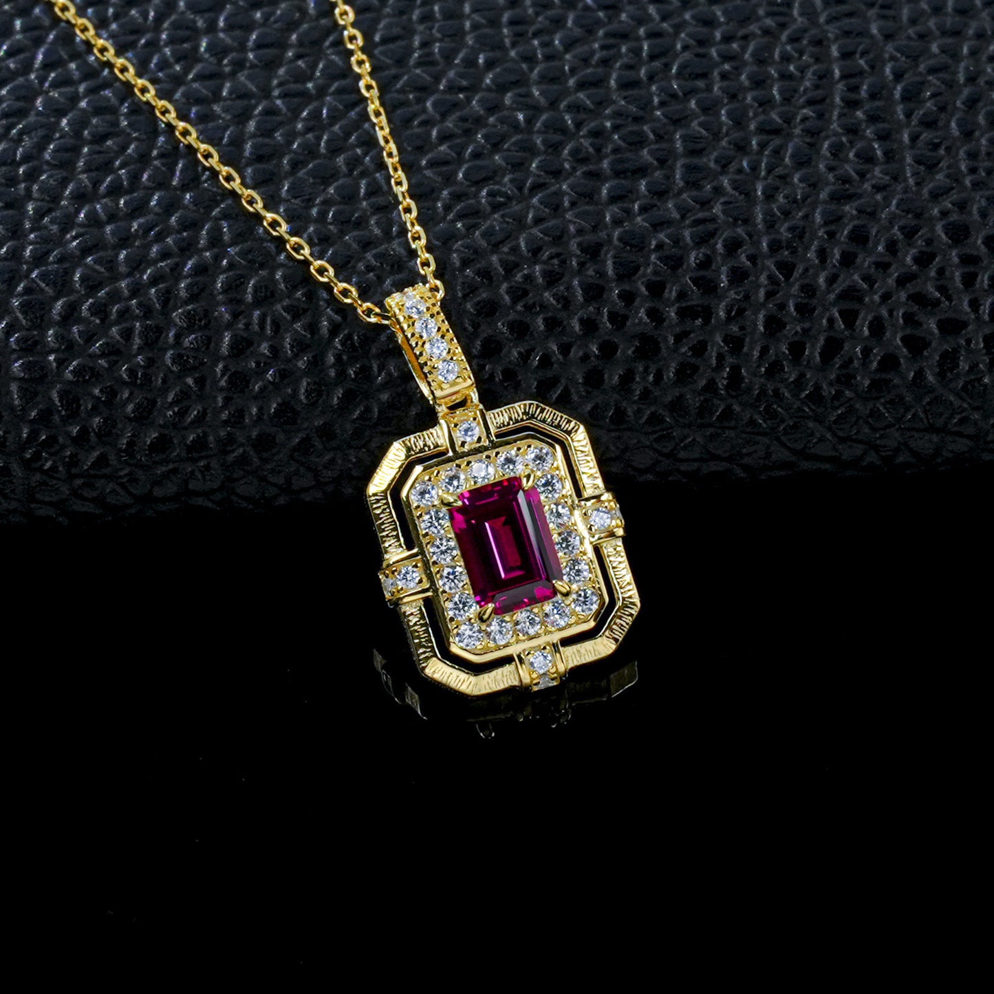 Vintage Lab Ruby Square Plate Full Diamond Halo Brushed Gold-Plated Necklace - Photo 2