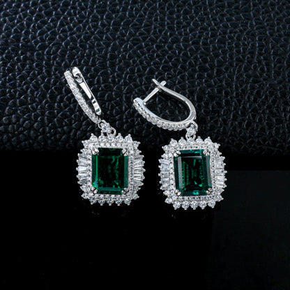 S925 Silver Lab Emerald Double-Layer Halo Earrings, Day Mothers Gift - Photo 2