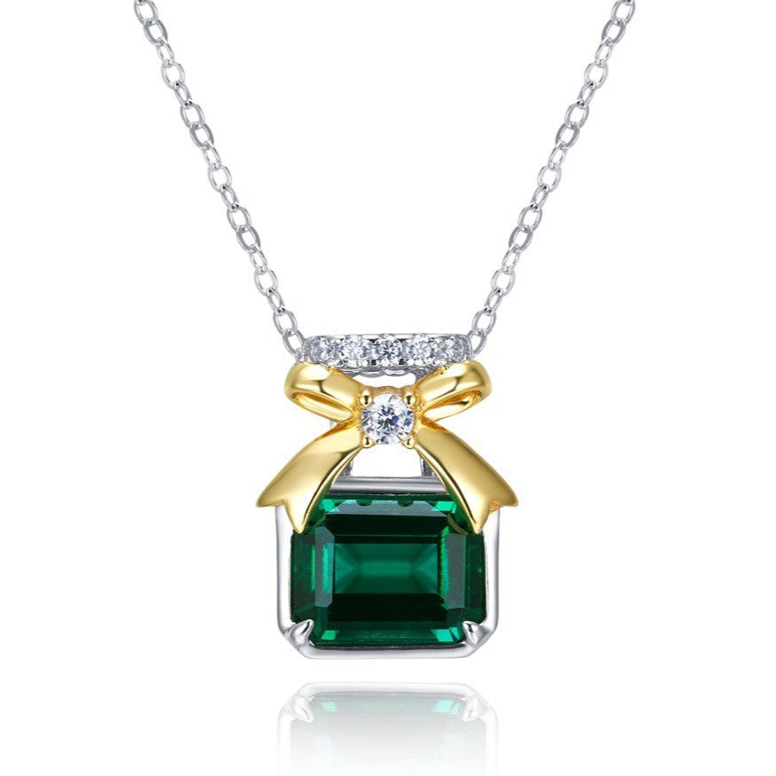 S925 Sterling Silver Bow Gift Box Emerald Pendant Necklace, Gold Versatile Premium - Photo 2