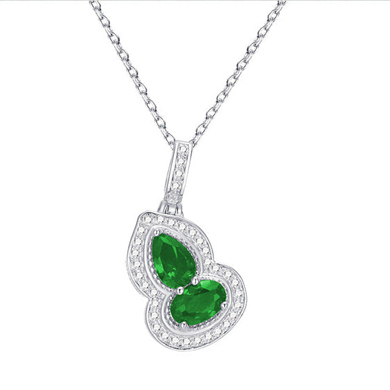925 Sterling Silver Lab Emerald Gourd Necklace, National Style Versatile for Women - Photo 1