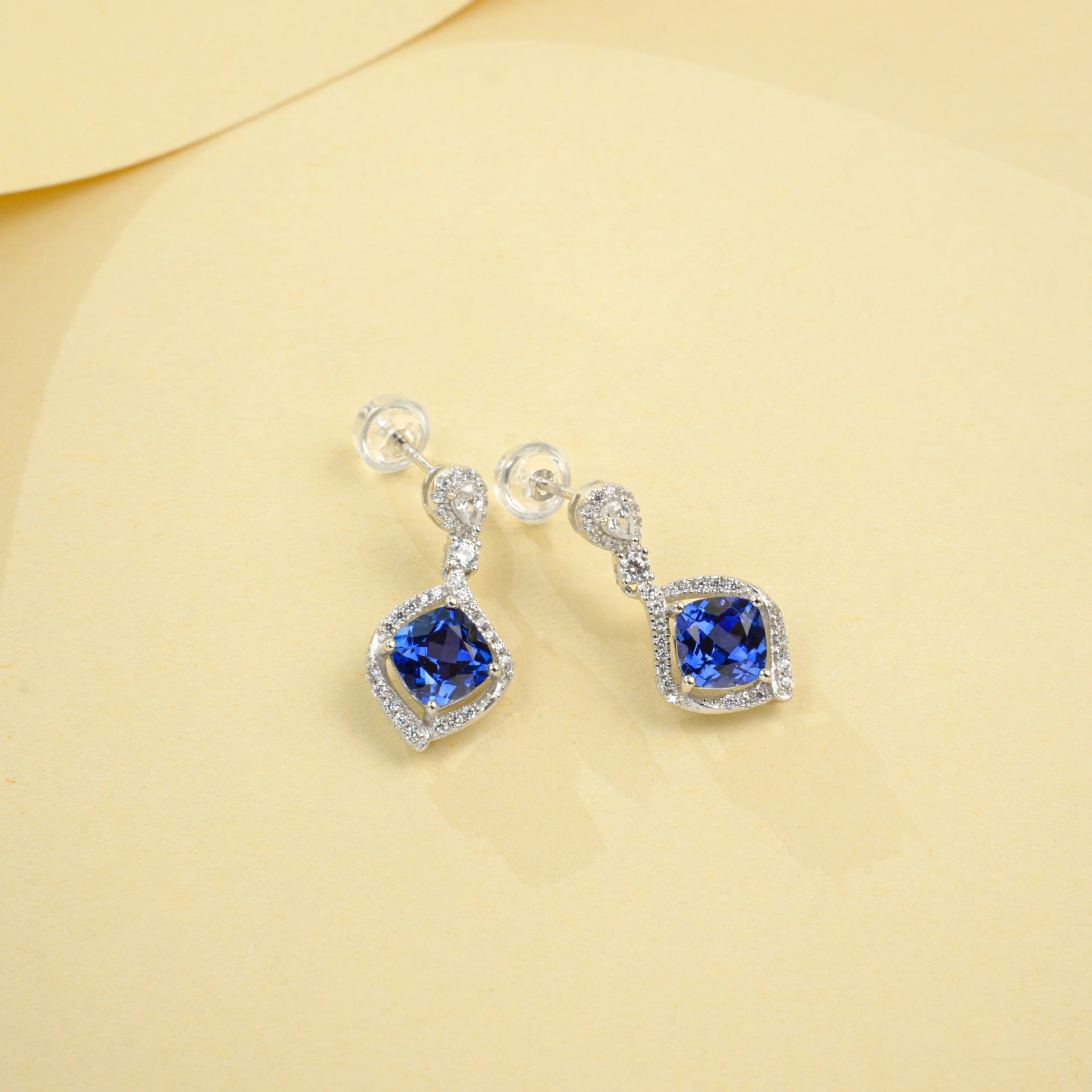 925 Sterling Silver Lab Sapphire Earrings, Elegant French Vintage for Women - Photo 2