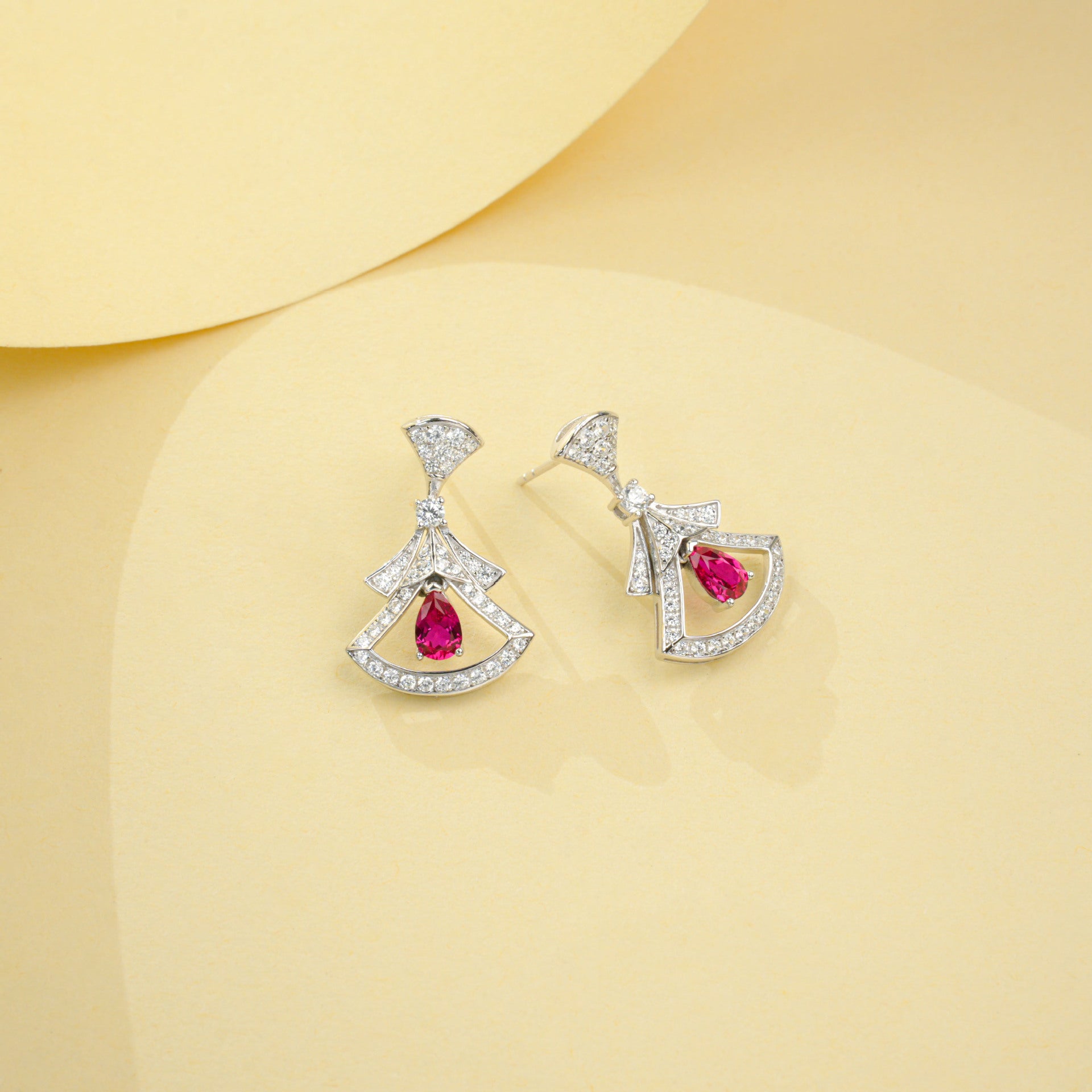 S925 Sterling Silver Lab Ruby Skirt Earrings, Designer for Women - Photo 4