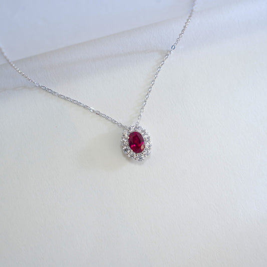S925 Sterling Silver Lab Pigeon Blood Ruby Halo Pendant Necklace, for Women - Photo 2