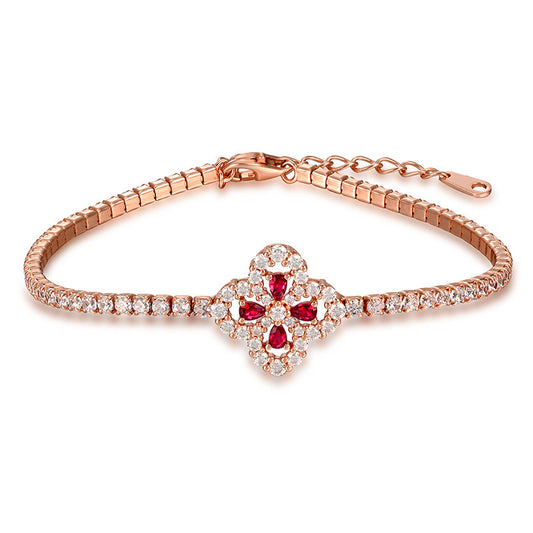 Lab Ruby Bracelet 925 Silver Vintage Sterling Lucky Four-Leaf Clover for Women - Photo 5