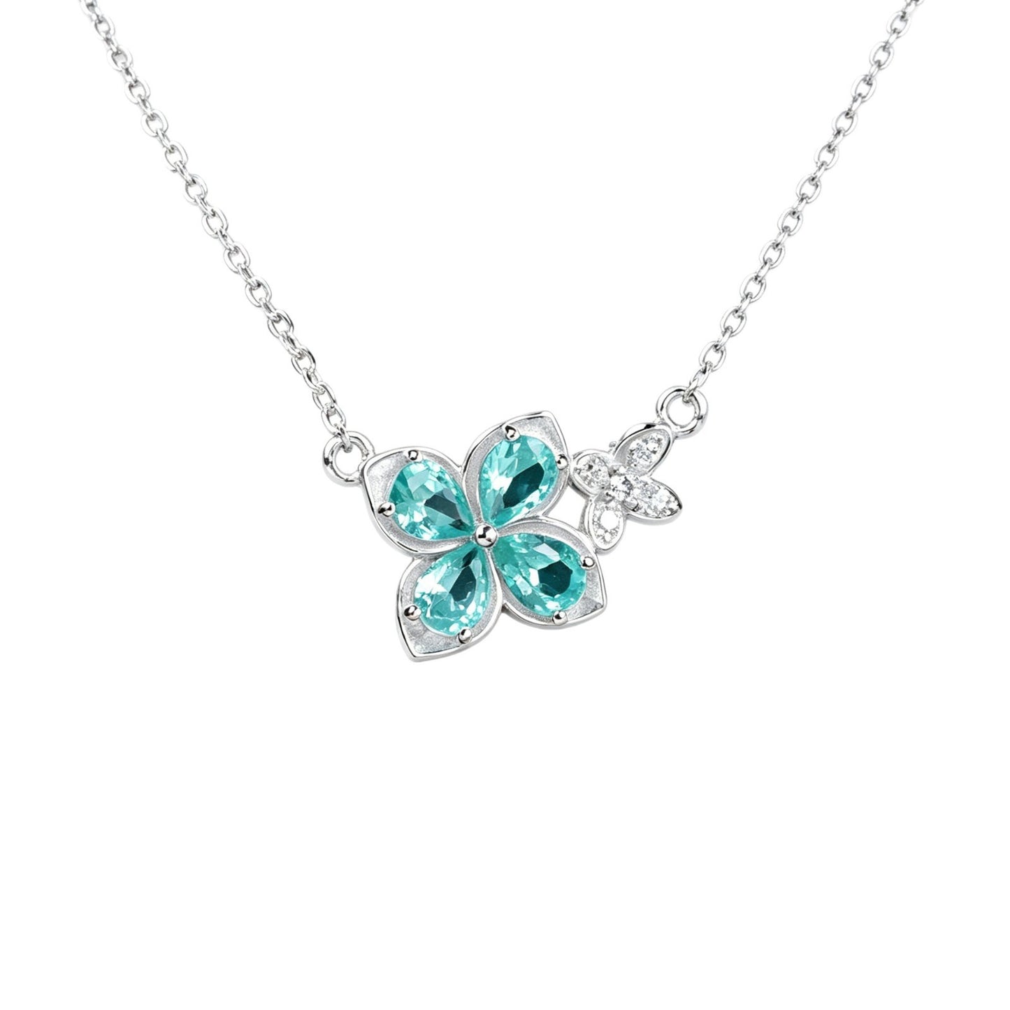 S925 Silver Paraiba Tsavorite Four-Petal Flower Butterfly, Outfit Simple - Photo 5